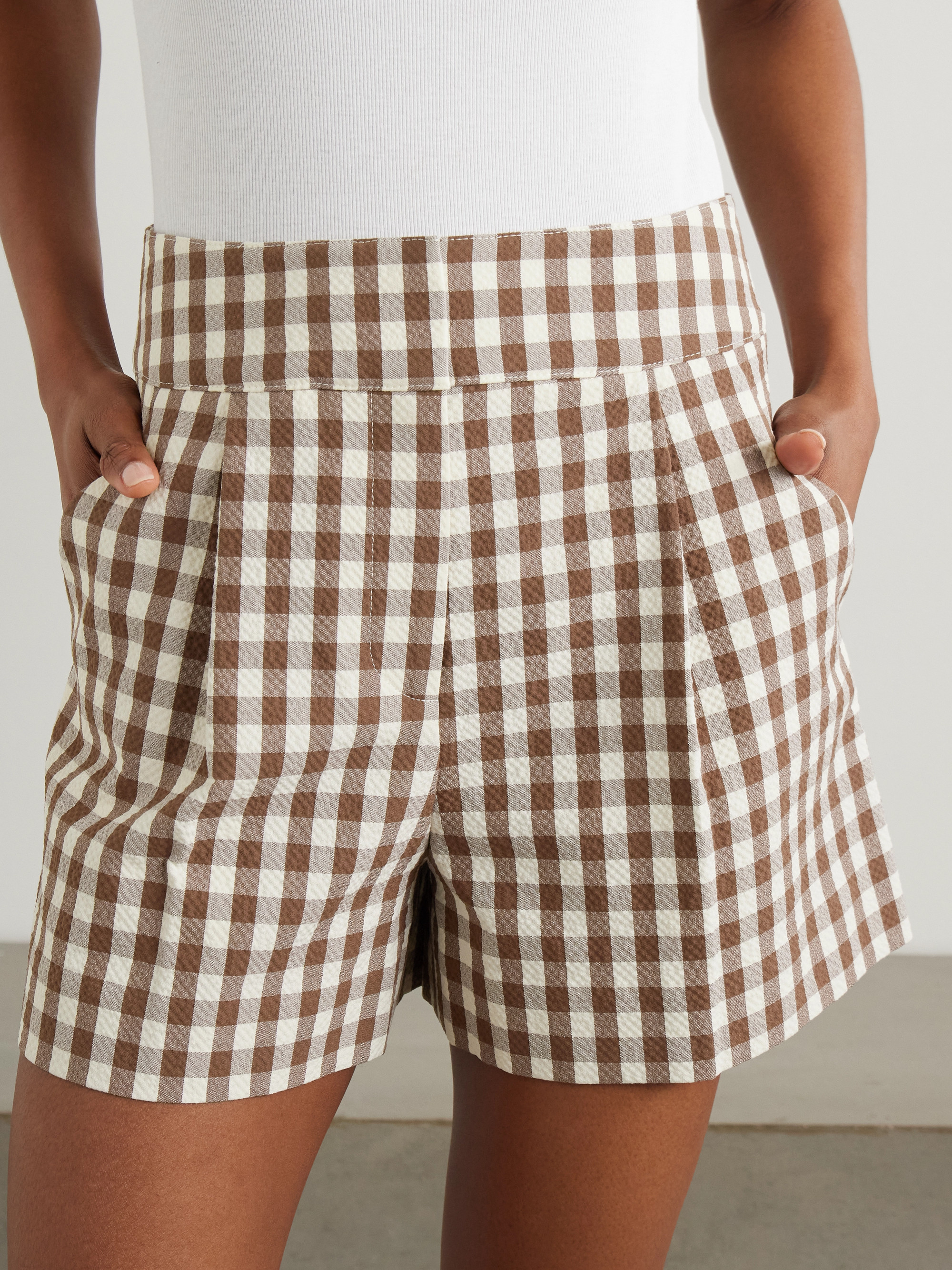 Veronica Beard Haina pleated gingham cotton-blend seersucker shorts