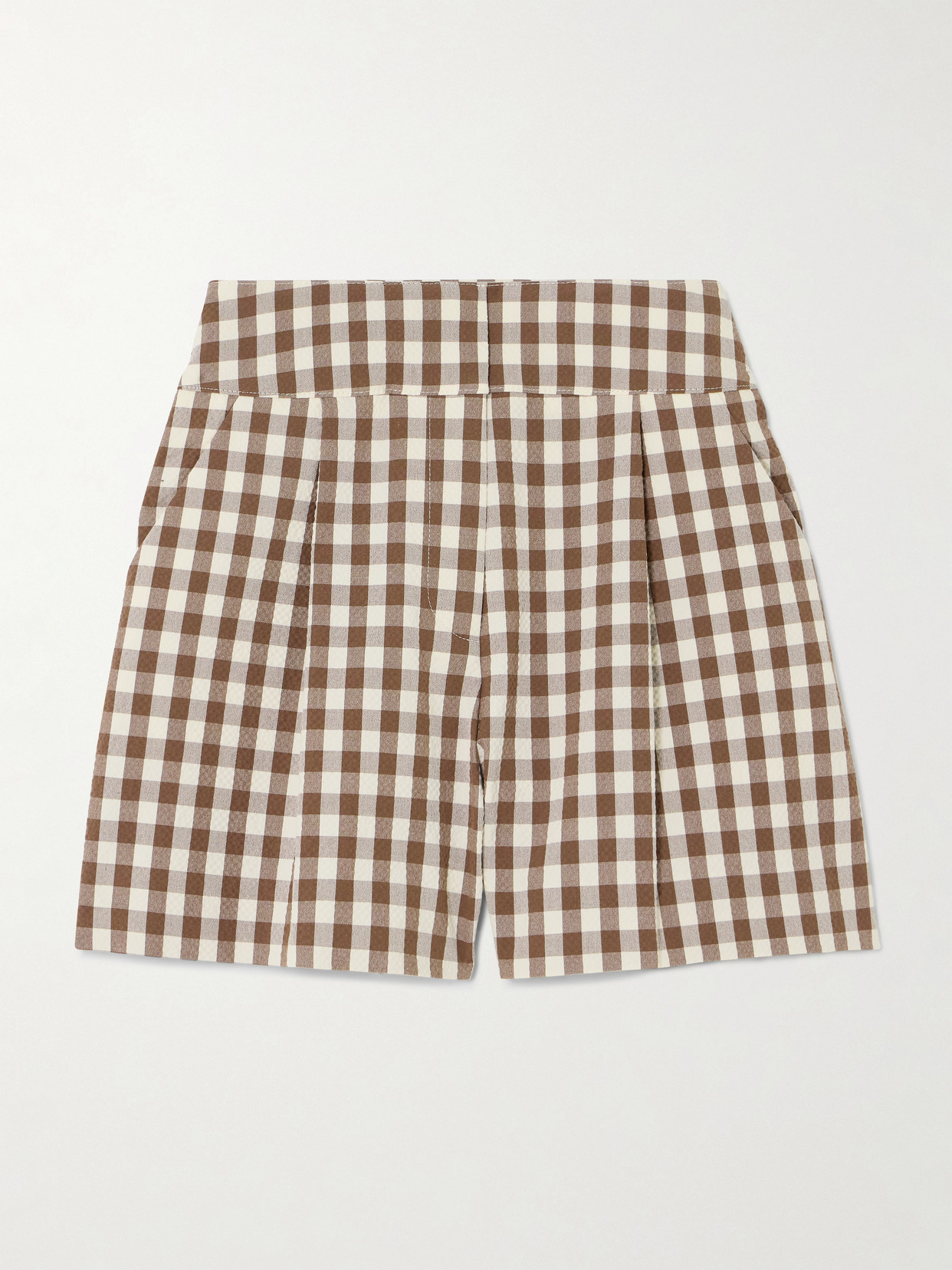 Veronica Beard Haina Pleated Gingham Cotton-blend Seersucker Shorts In Brown