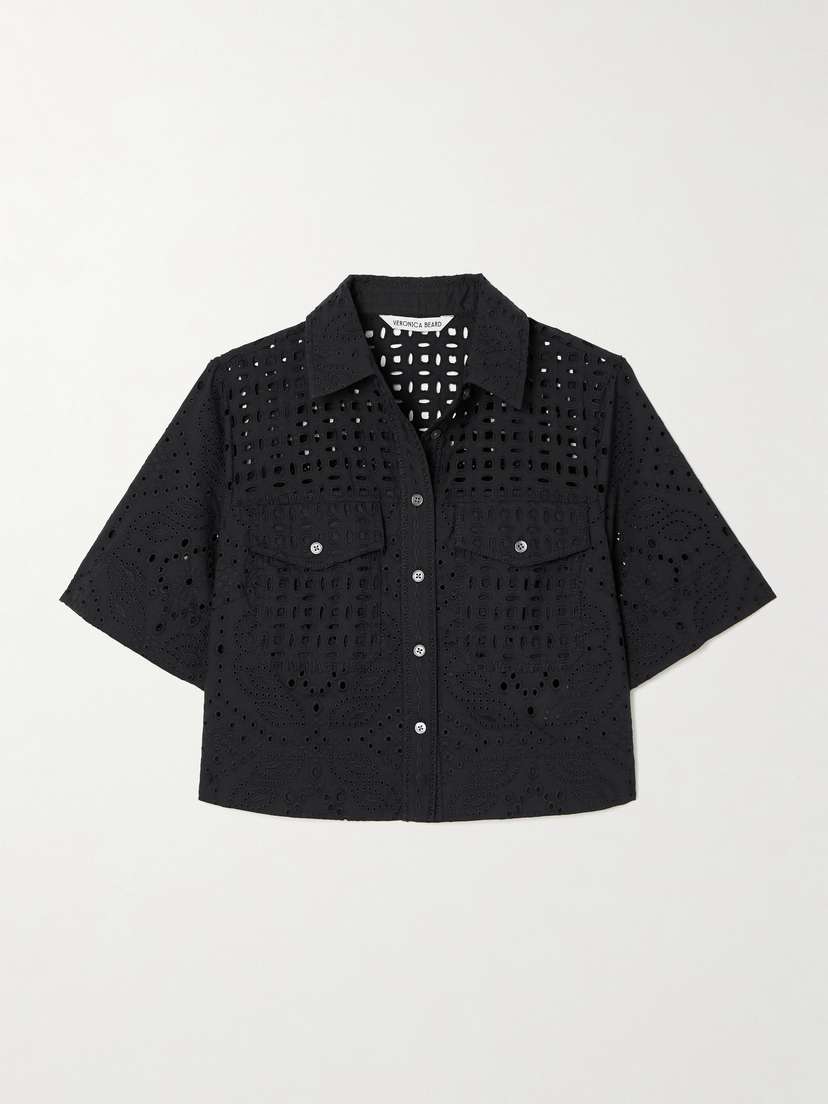 Veronica Beard Spruce Cropped Broderie Anglaise Cotton Shirt