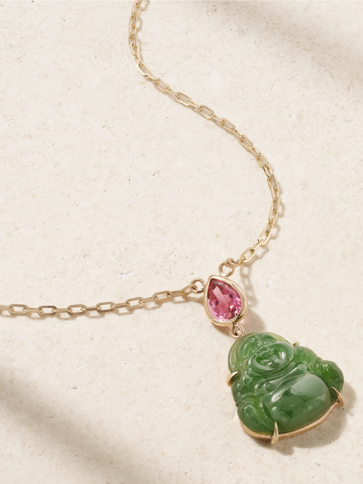 Jia Jia Happy Buddha Gold, Jade And Tourmaline Necklace