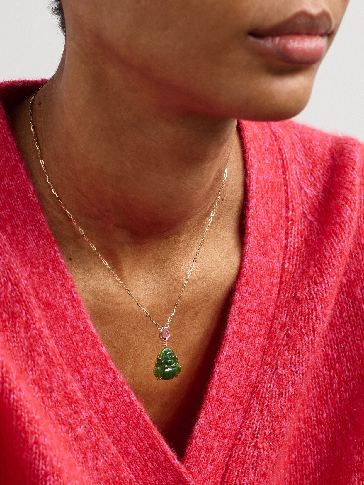 Jia Jia Happy Buddha Gold, Jade And Tourmaline Necklace In Green