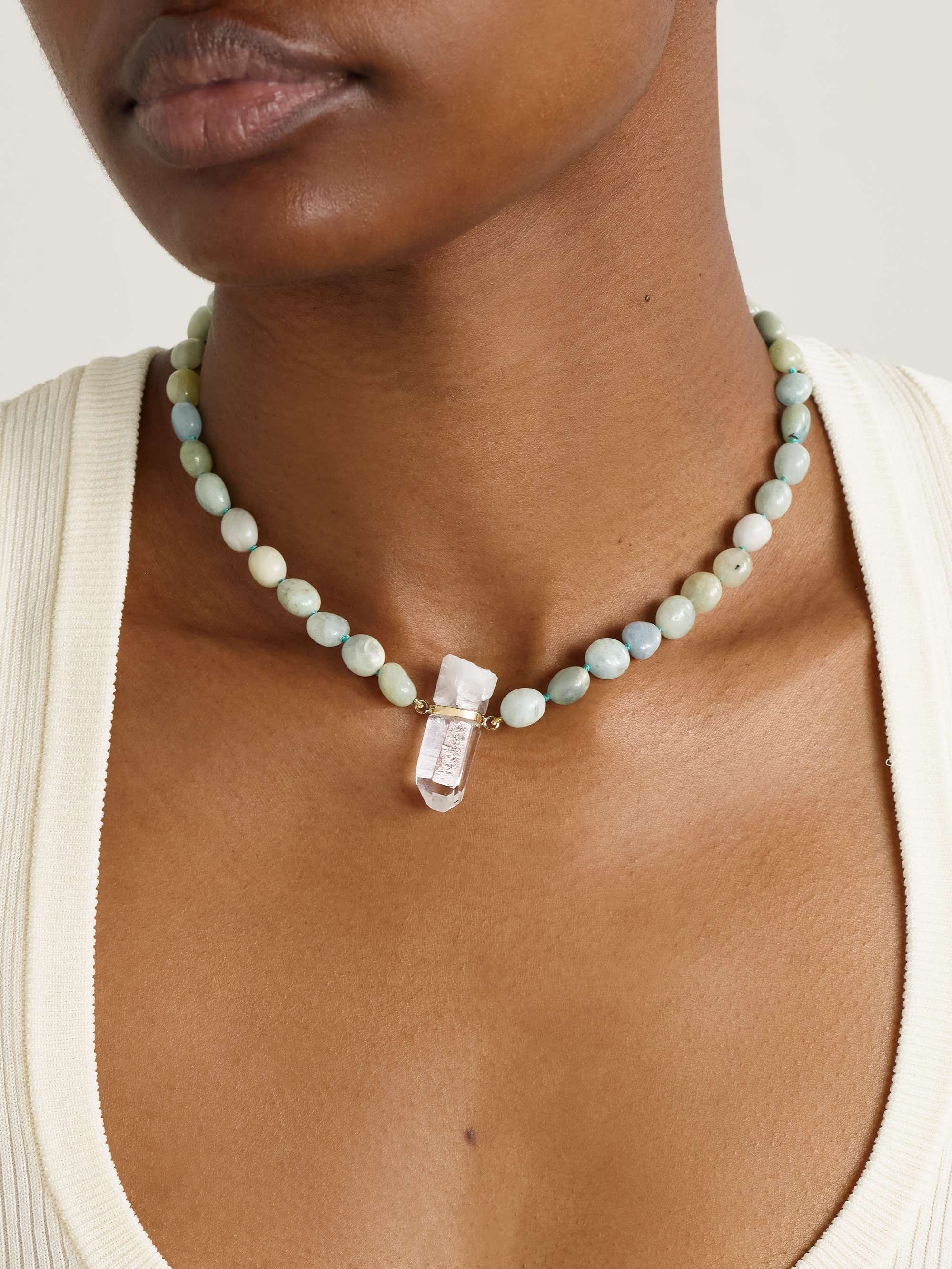 Brown Leather Necklace with 14k Gold, Cultured Pearl, and Quartz Pendant