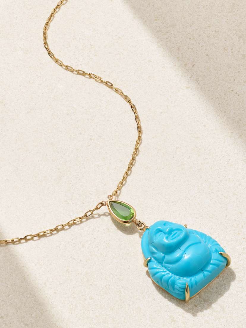 JIA JIA Happy Buddha 14-karat Gold, Turquoise And Tourmaline Necklace