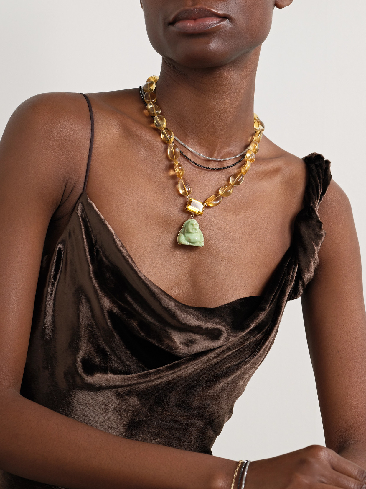Jia Jia Happy Buddha Gold, Citrine And Chrysoprase Necklace In Gold