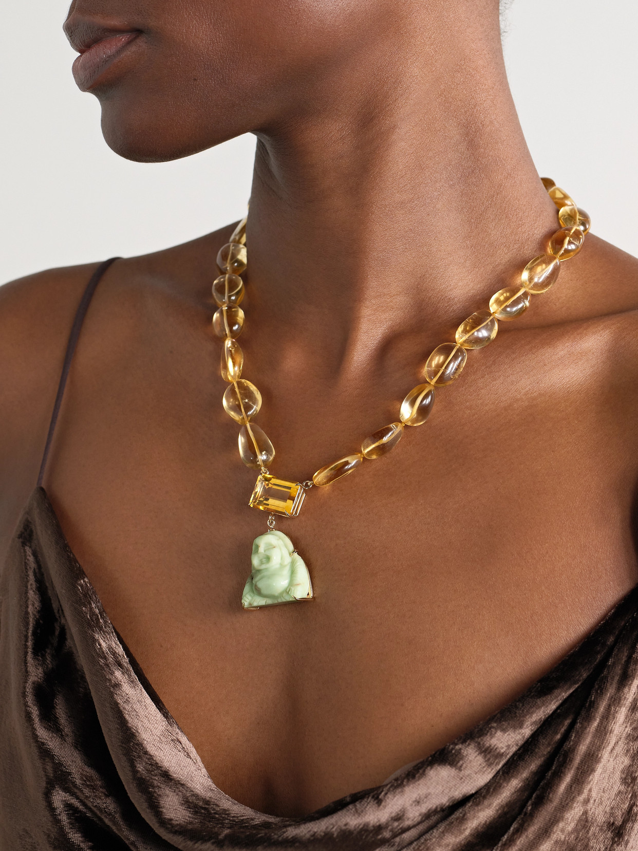 Jia Jia Happy Buddha Gold, Citrine And Chrysoprase Necklace In Gold