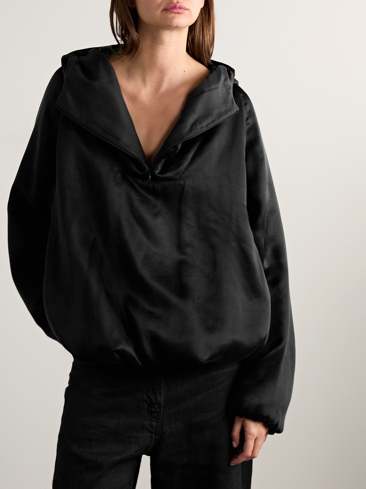 The Row Althena Padded Hooded Quarter-zip Track Jacket In Black