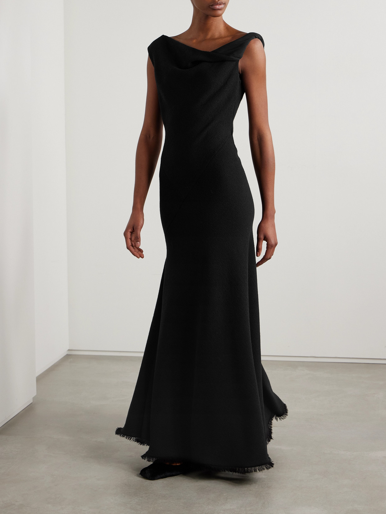 The Row Violetta Asymmetric Frayed Silk-tweed Gown In Black