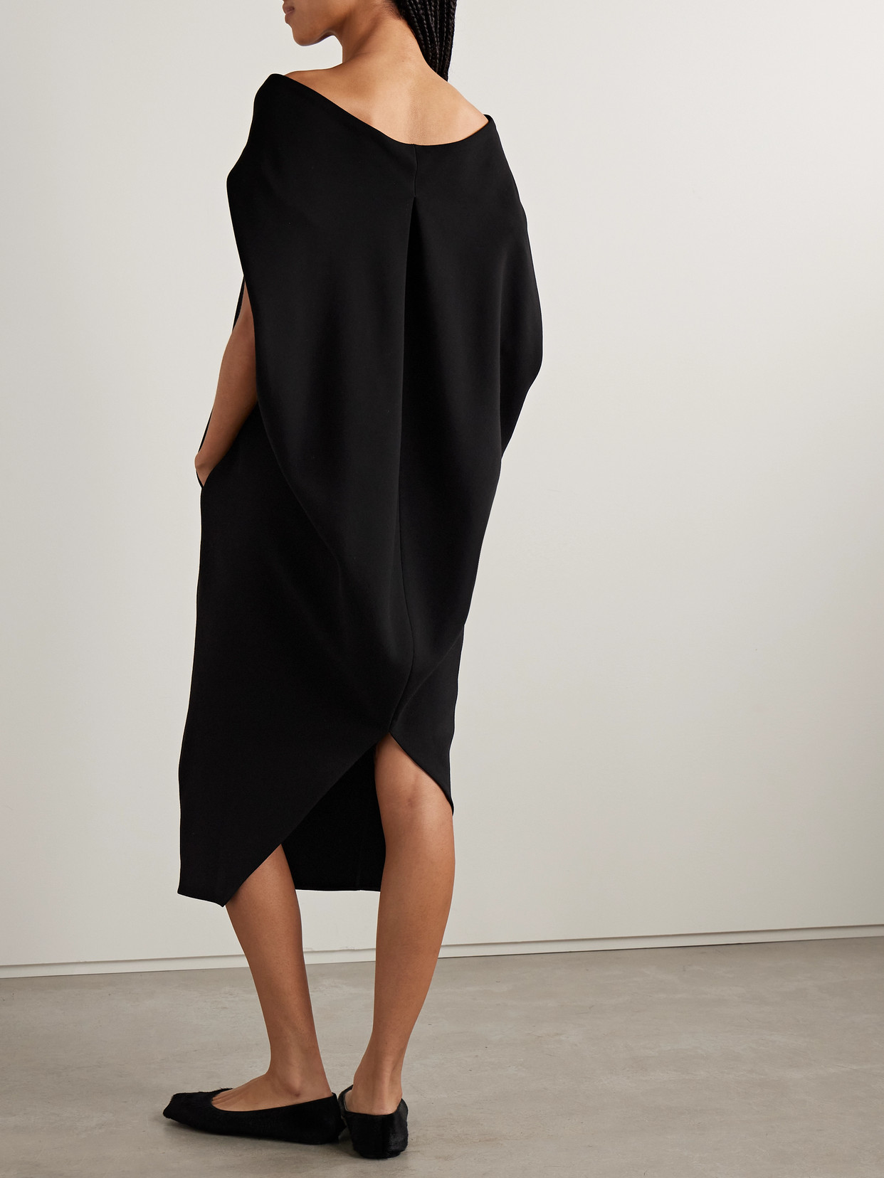 The Row Anitas Off-the-shoulder Cape-effect Wool-blend Midi Dress In Black
