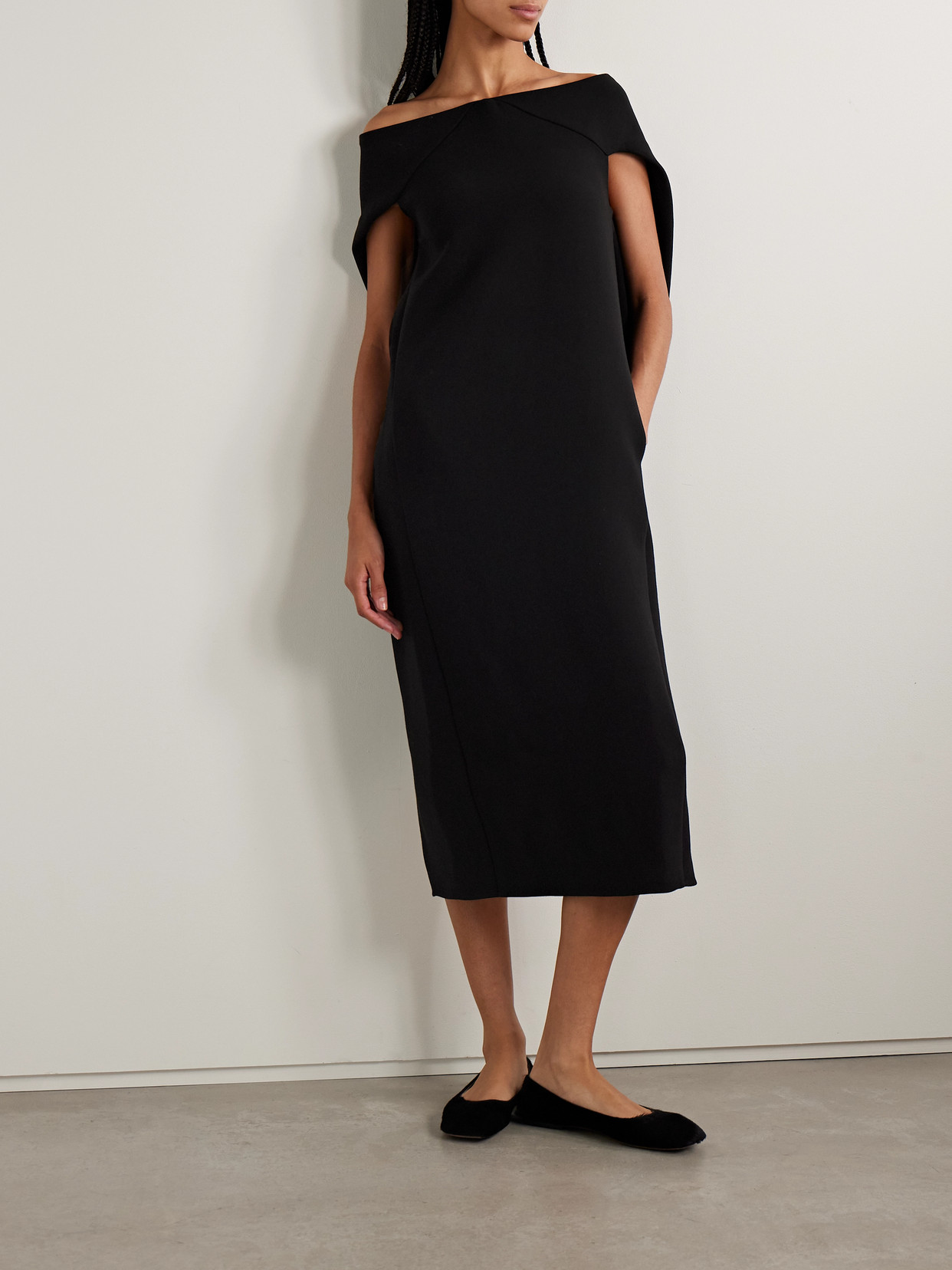 The Row Anitas Off-the-shoulder Cape-effect Wool-blend Midi Dress In Black