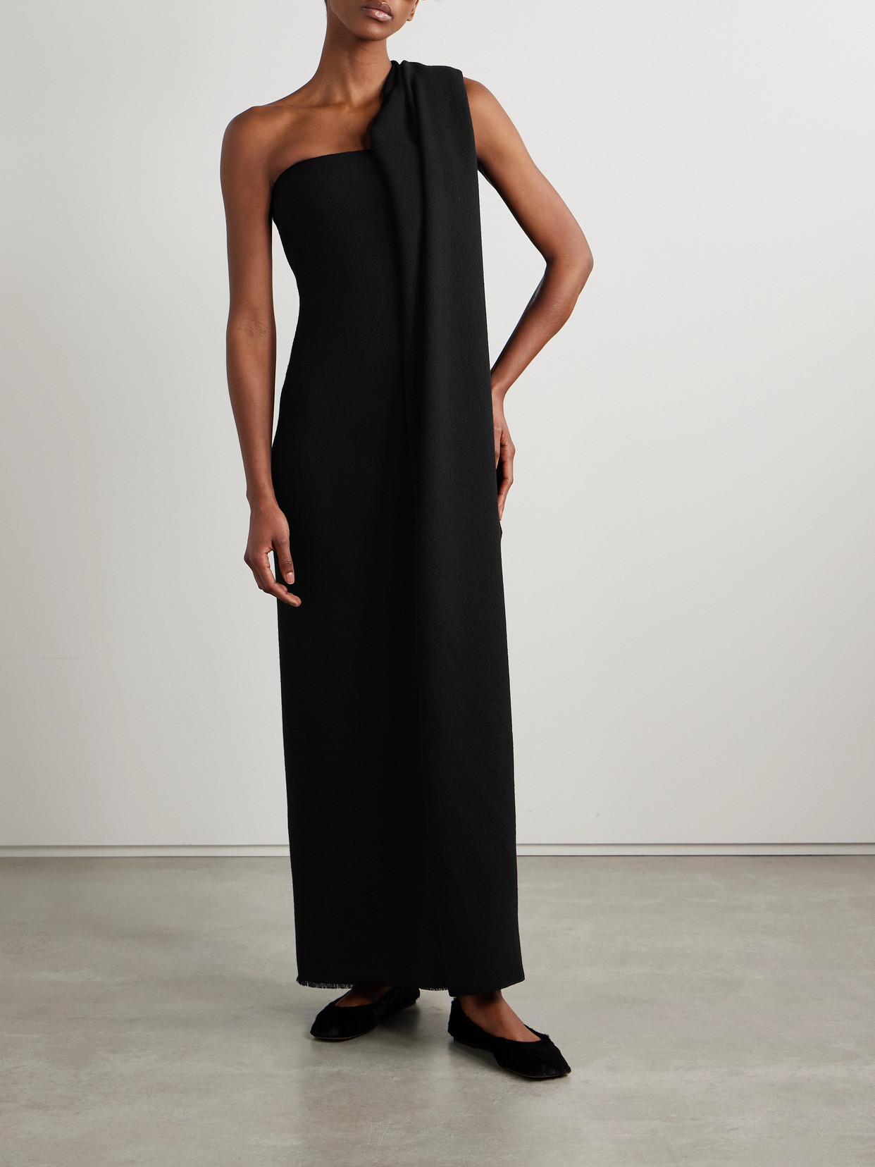 The Row Fanny One-shoulder Draped Wool-tweed Maxi Dress