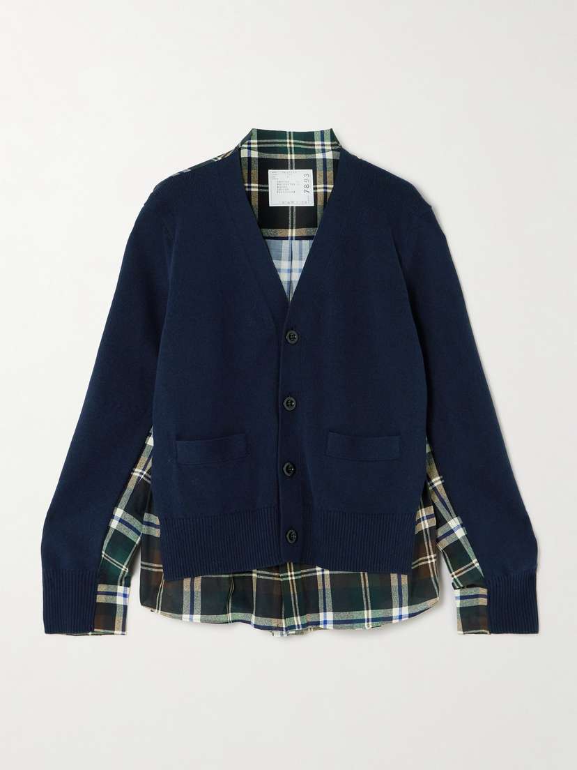 Sacai Paneled Cotton-blend And Checked Poplin Cardigan