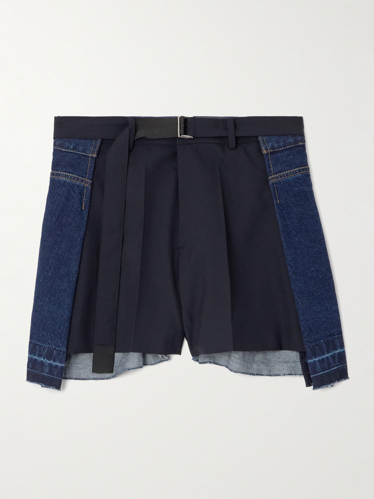 Sacai Belted Pleated Denim And Shell Shorts In Blue