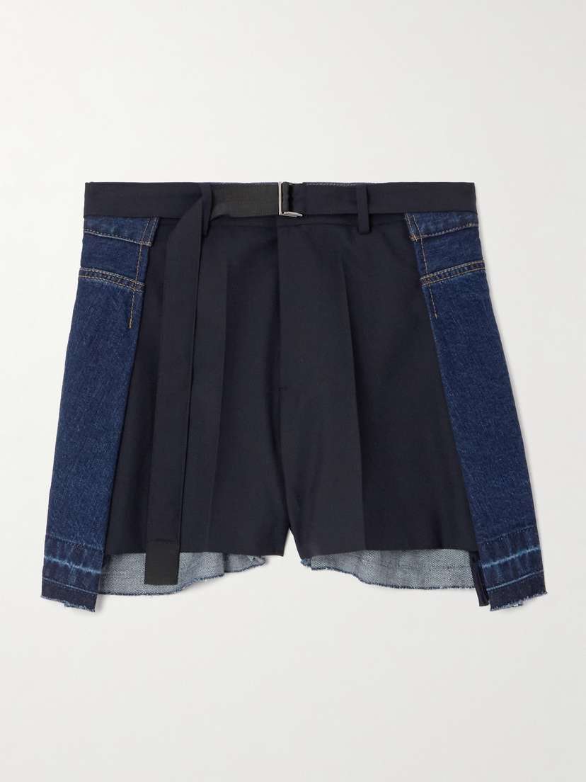 Sacai Belted Pleated Denim And Shell Shorts