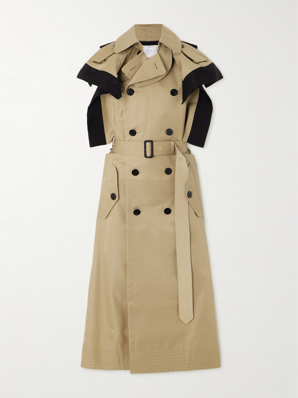 Sacai Belted Double-breasted Silk-blend Trimmed Cotton-blend Gabardine Midi Dress In Neutrals