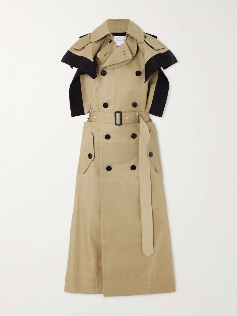 Sacai Belted Double-breasted Silk-blend Trimmed Cotton-blend Gabardine Midi Dress