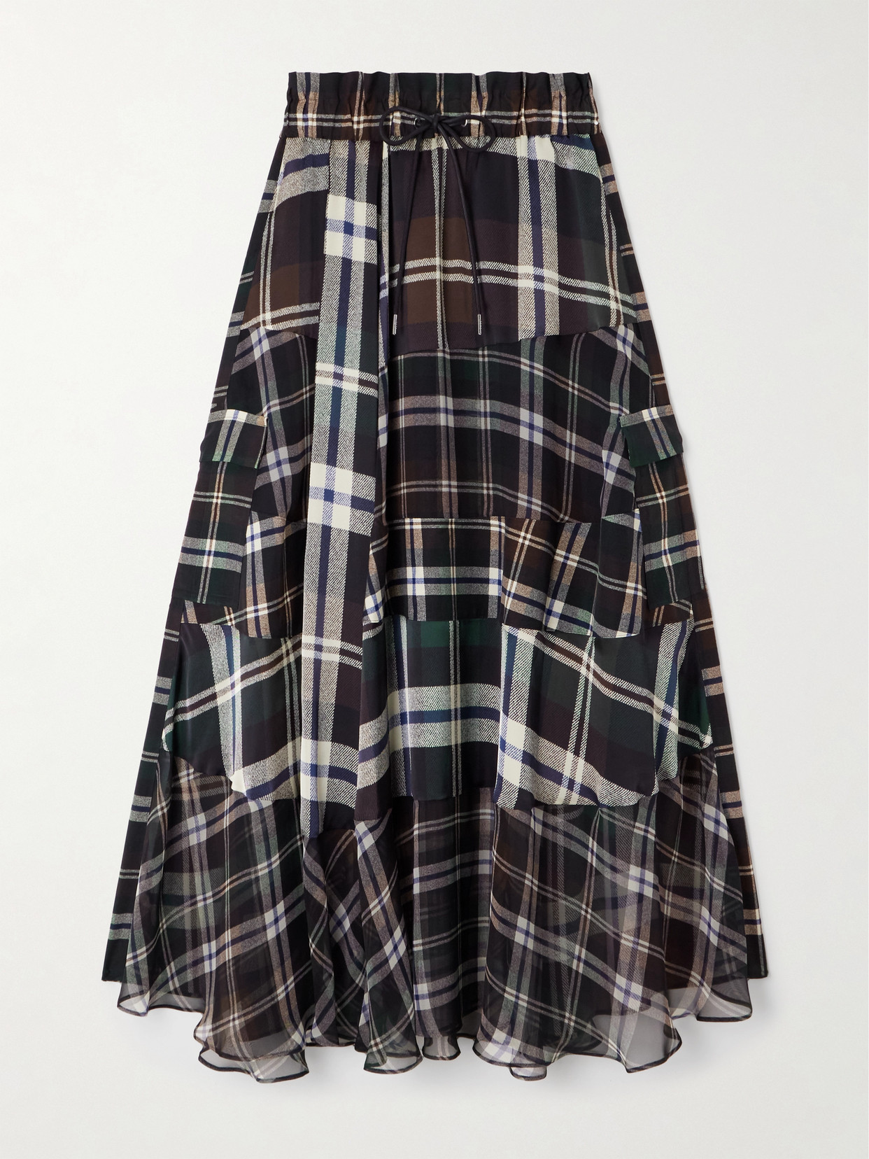 Sacai - Patchwork Checked Chiffon Maxi Skirt - Green
