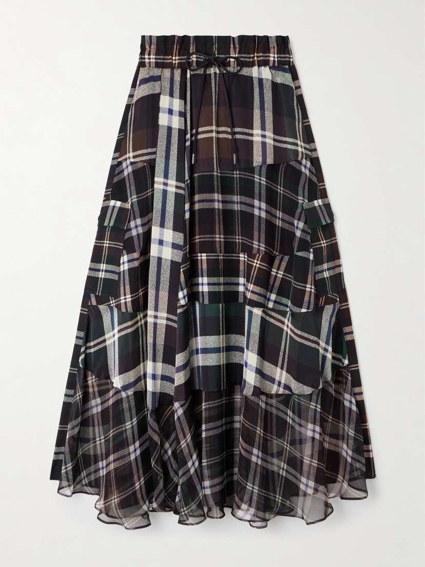 Sacai Patchwork Checked Chiffon Maxi Skirt