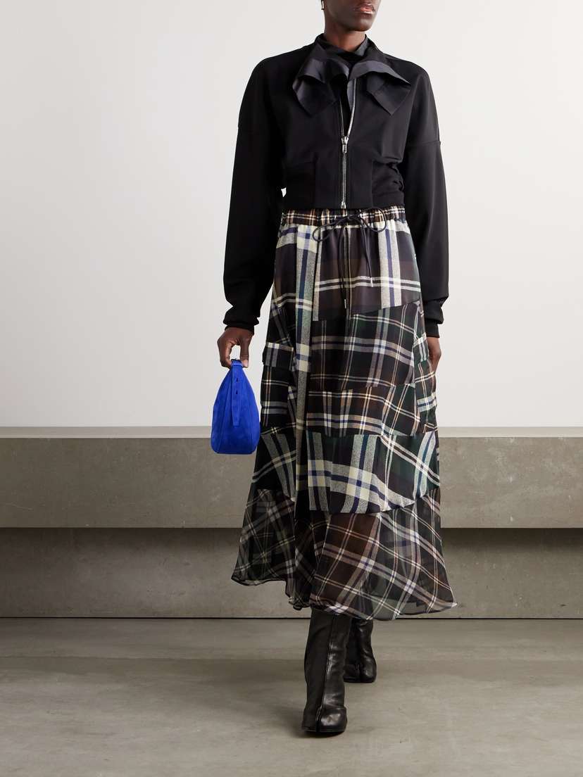 Patchwork Checked Chiffon Maxi Skirt | Sacai | Green
