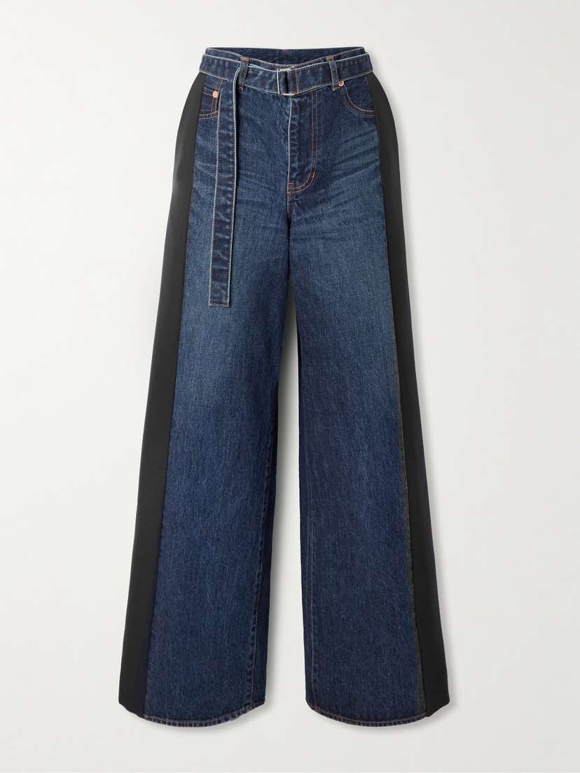 Sacai Belted Wool-blend Trimmed Denim Wide-leg Pants