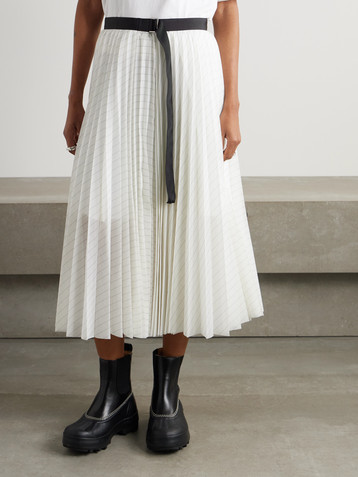 Sacai Belted pleated striped voile midi skirt