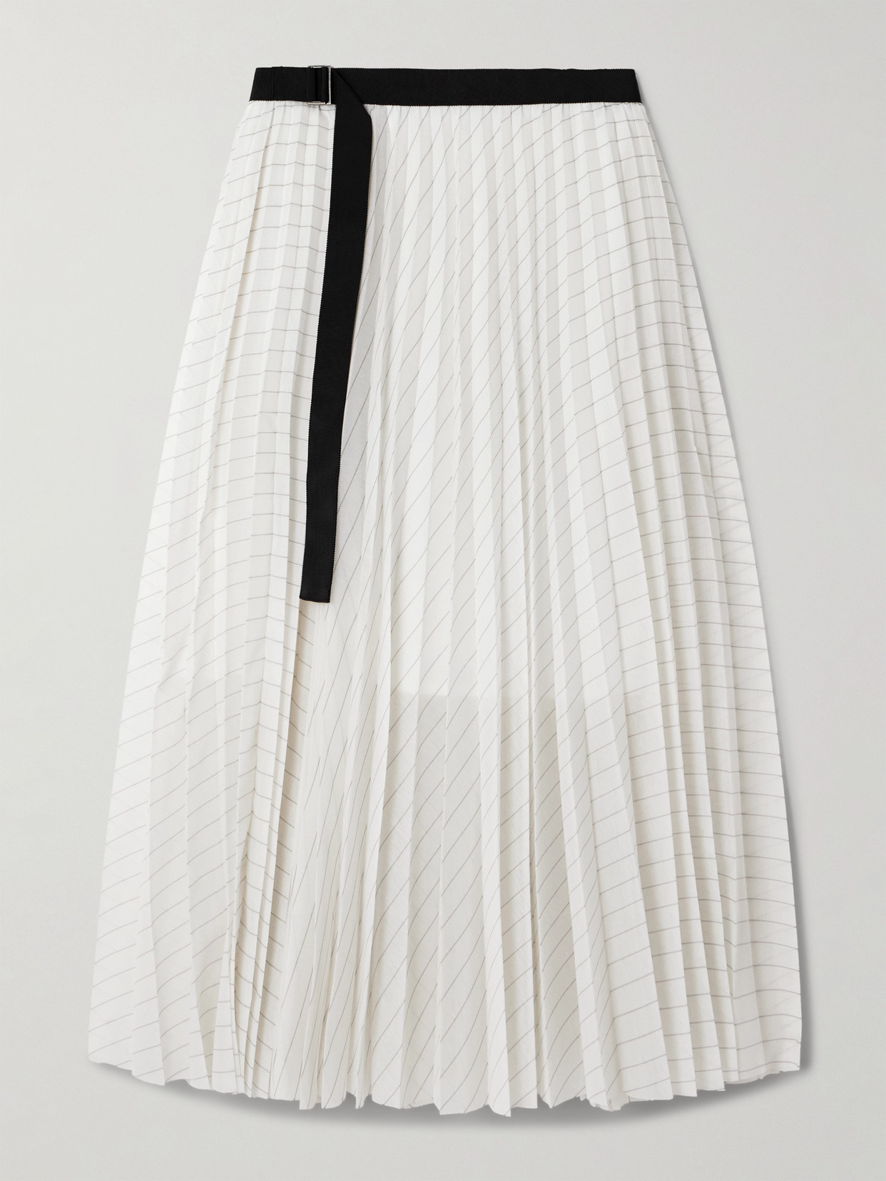 Sacai Belted Pleated Striped Voile Midi Skirt In Off-white