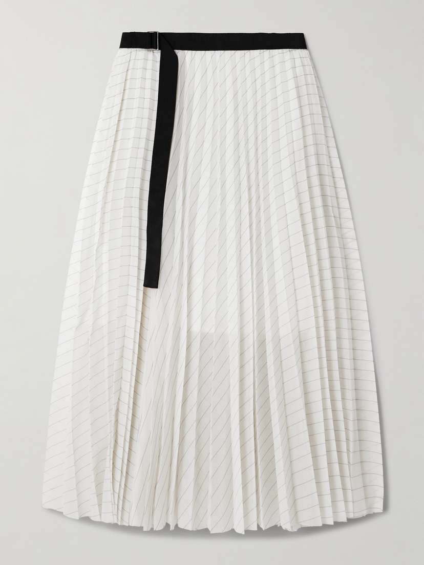 Sacai Belted Pleated Striped Voile Midi Skirt