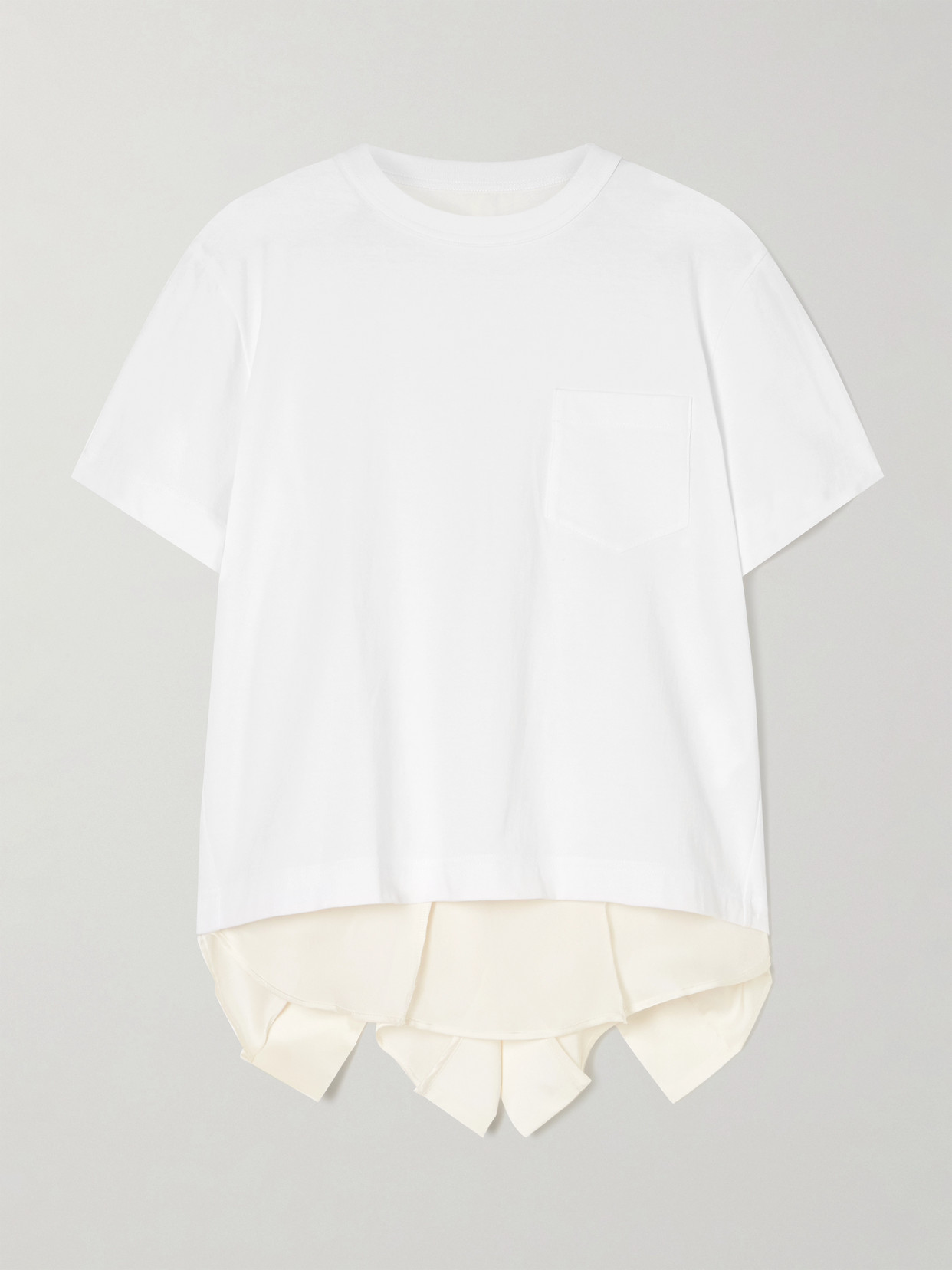 Sacai Paneled Cotton-jersey And Ruffled Satin T-shirt In White