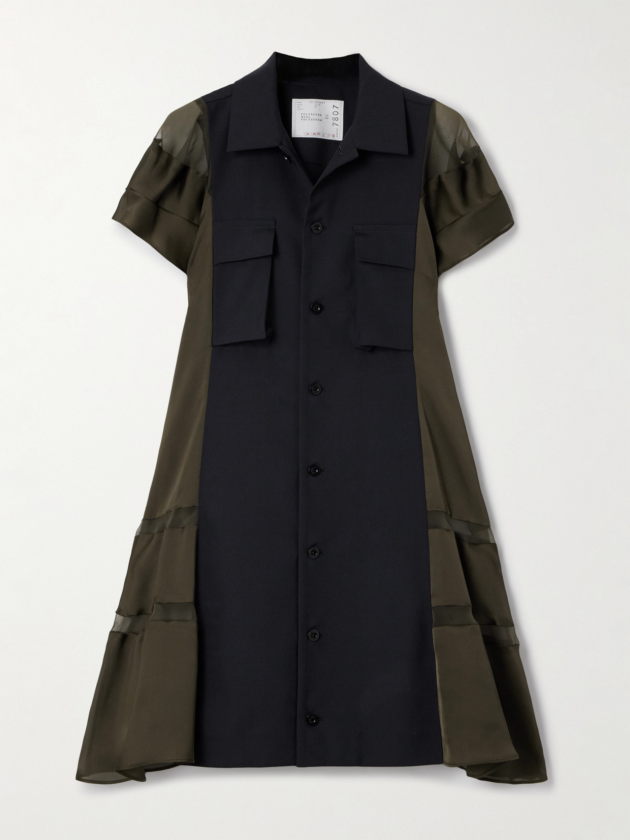 Sacai Chiffon-trimmed Paneled Satin And Crepe Mini Dress In Blue