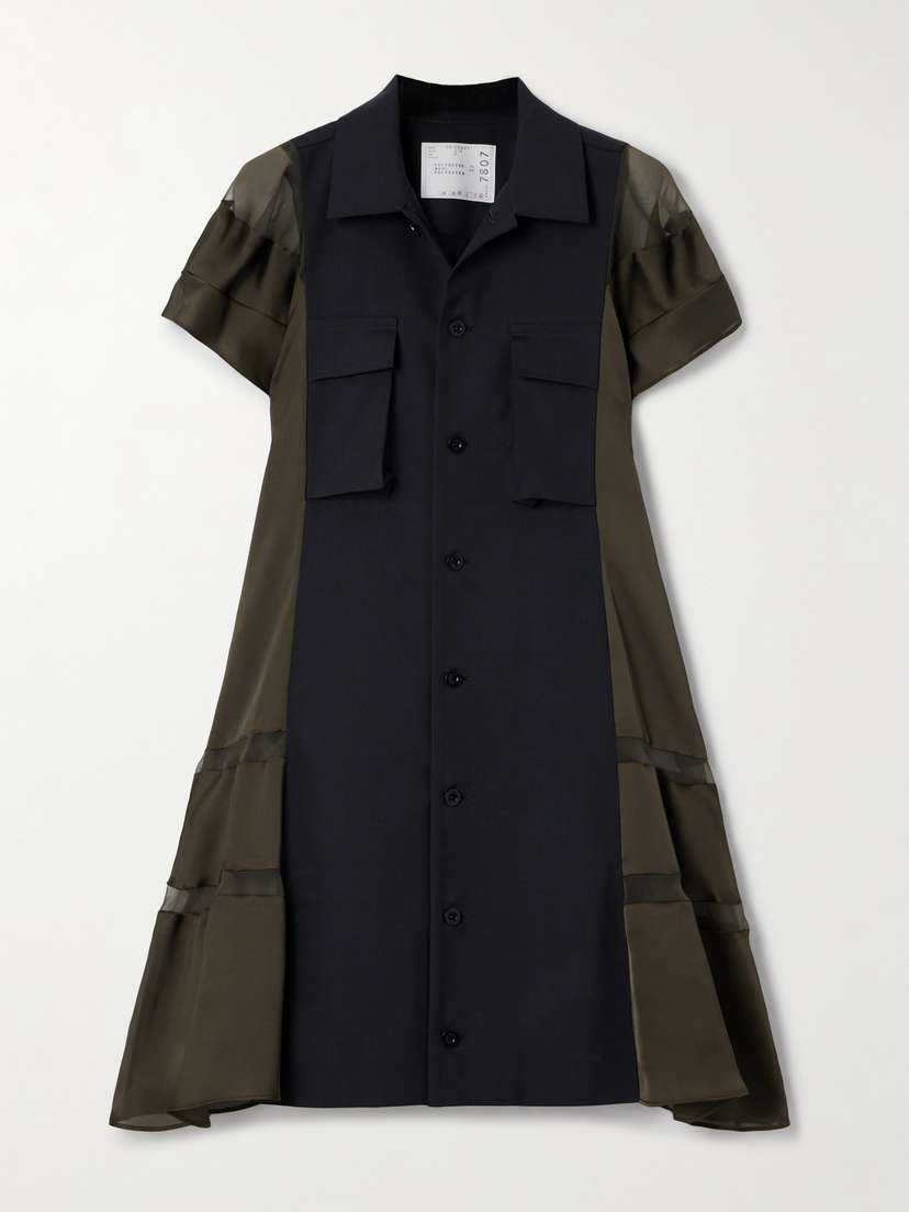 Sacai Chiffon-trimmed Paneled Satin And Crepe Mini Dress