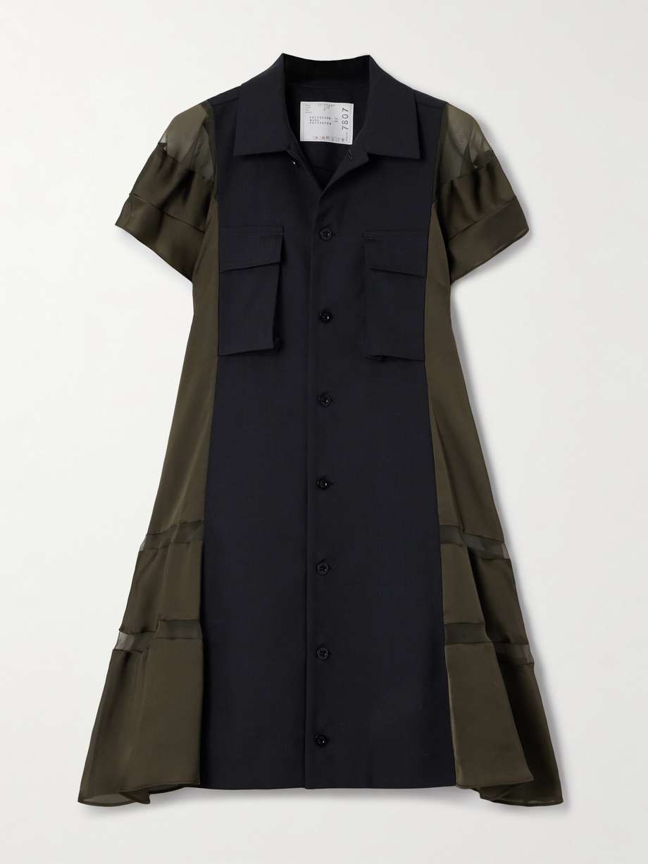 chiffon-trimmed paneled satin and crepe mini dress