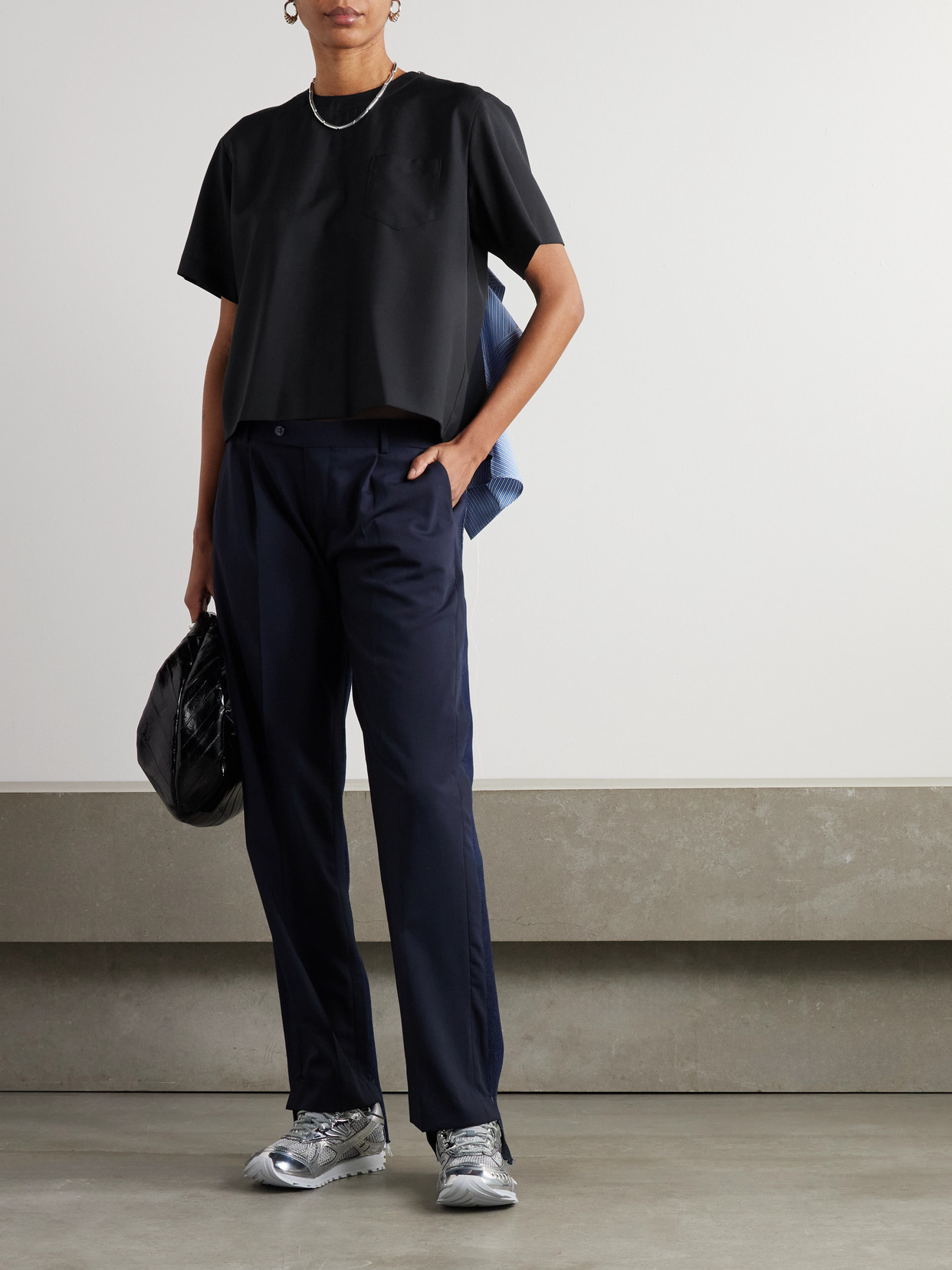 Sacai Cotton-blend Poplin-paneled Jersey Top In Blue
