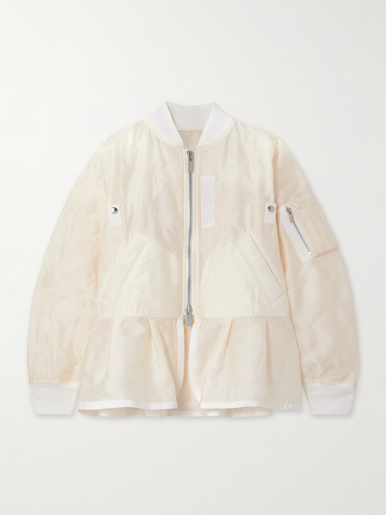 Sacai Grosgrain-trimmed Quilted Satin Peplum Jacket In Off-white