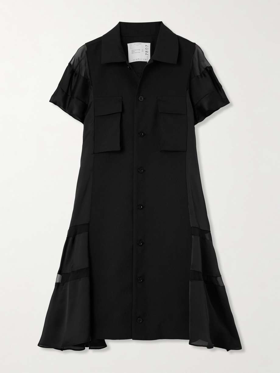 chiffon-trimmed paneled satin and crepe mini dress