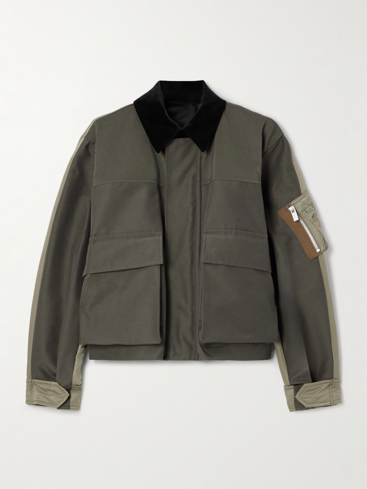 Sacai Velvet And Satin-trimmed Cotton-blend Twill Jacket In Green