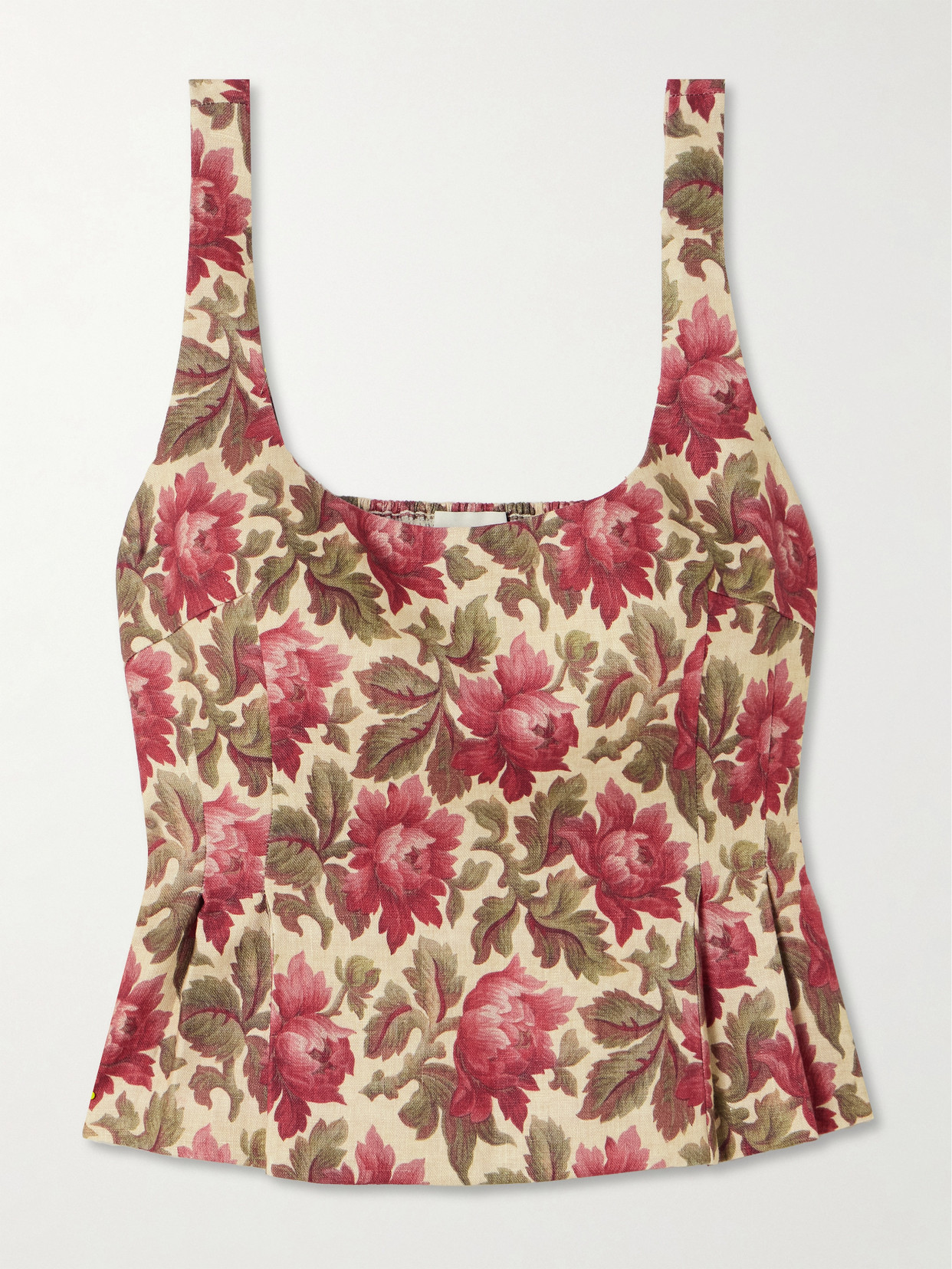 Posse Rosalie Shirred Floral-print Linen Peplum Top In Red