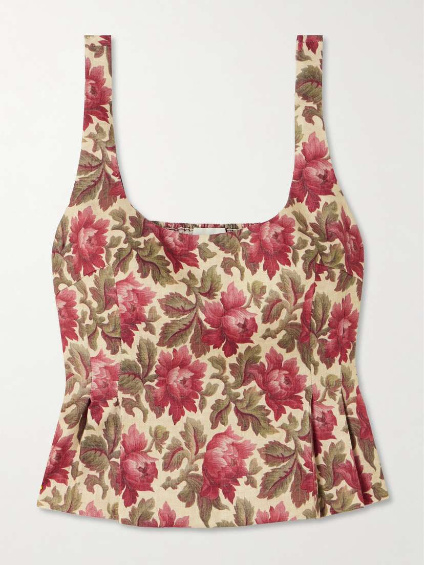 Posse Rosalie Shirred Floral-print Linen Peplum Top