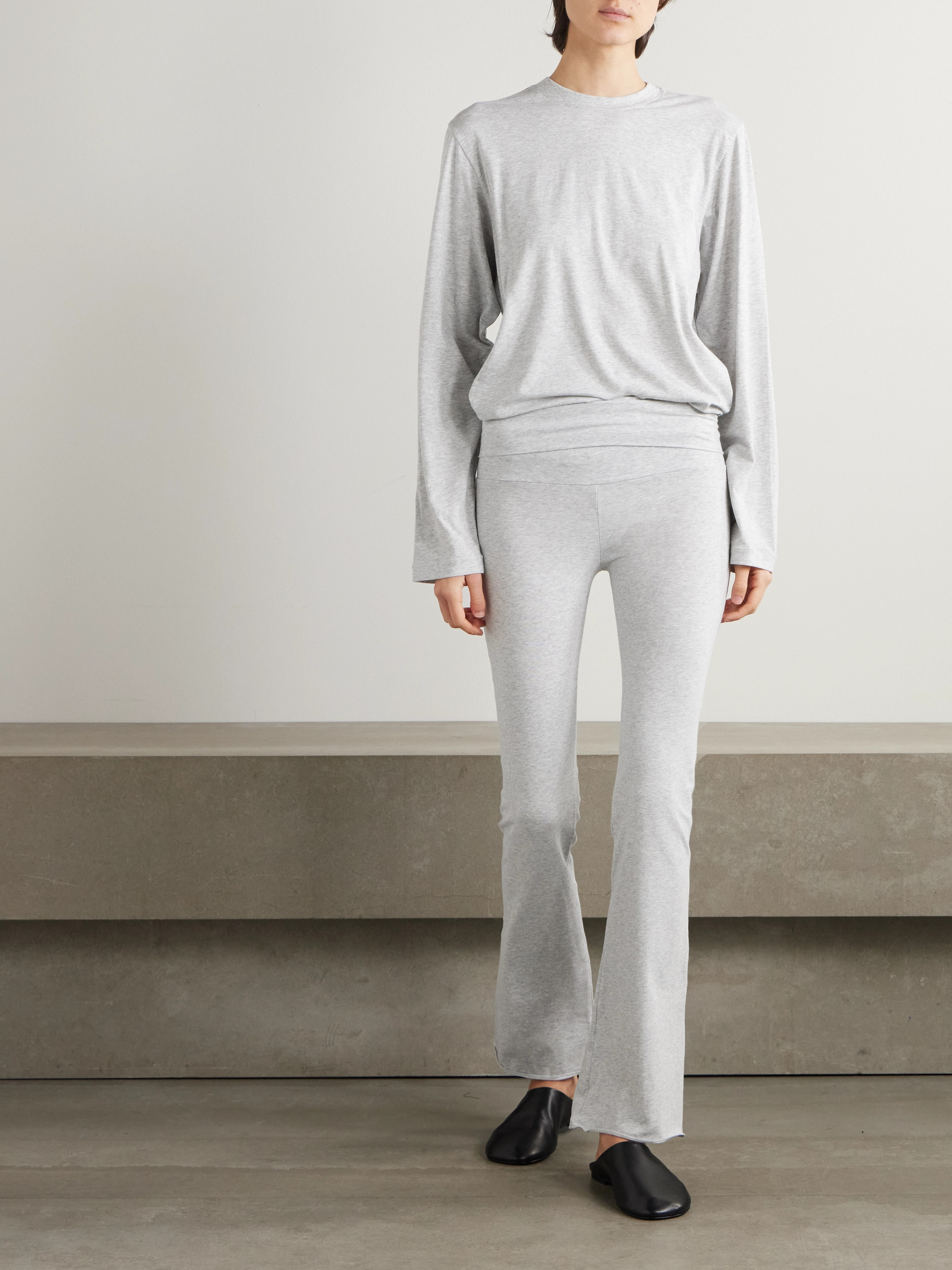 Skims Foldover stretch-cotton jersey flared pants - Light Heather Grey