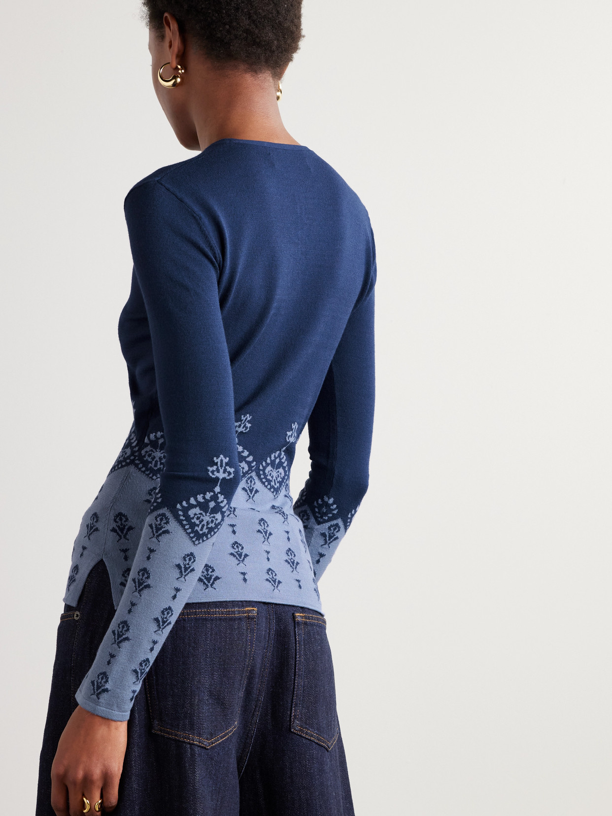 Conner Ives Ruffled Jacquard-knit Sweater In Blue