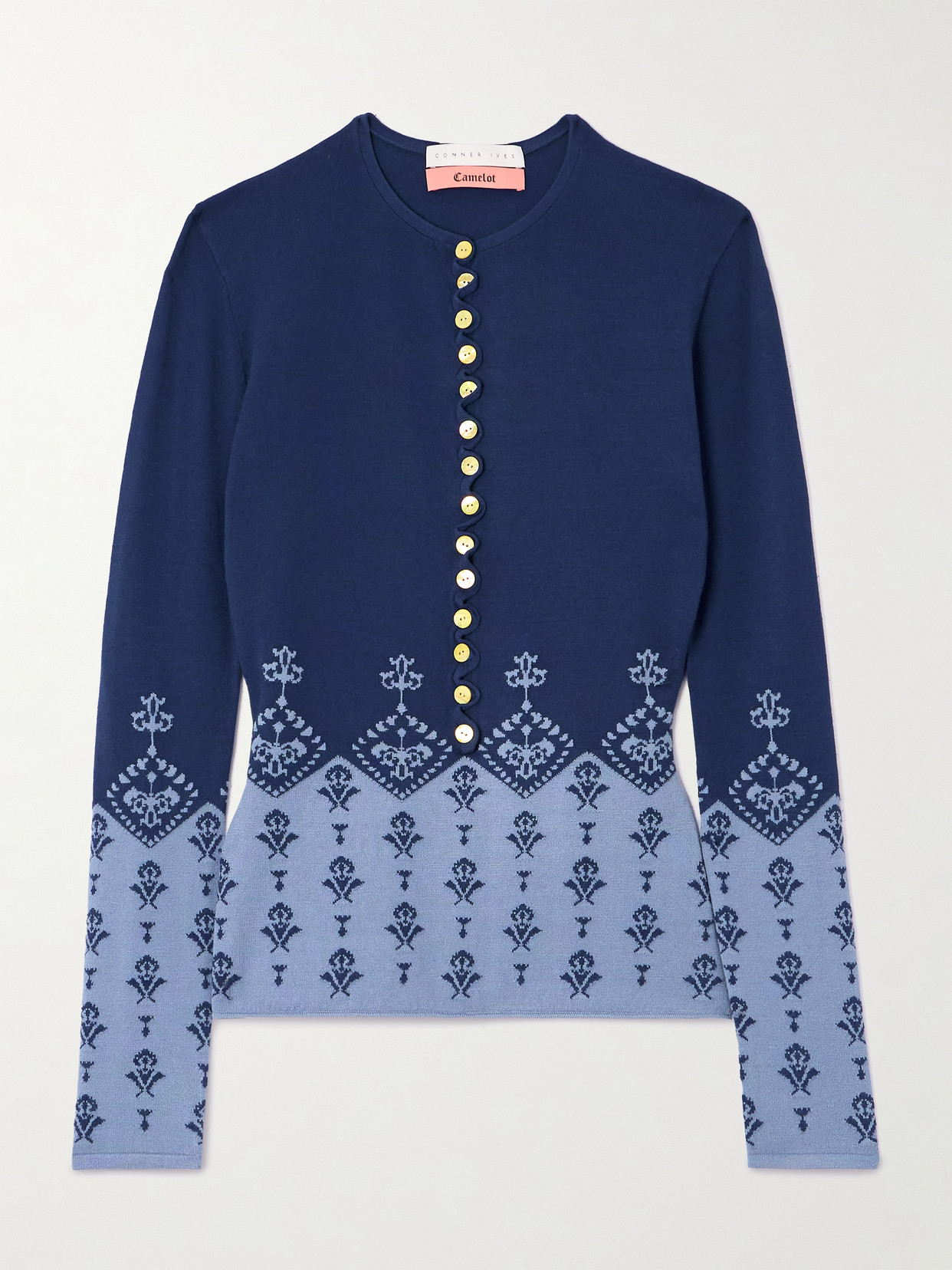 Conner Ives Ruffled Jacquard-knit Sweater In Blue