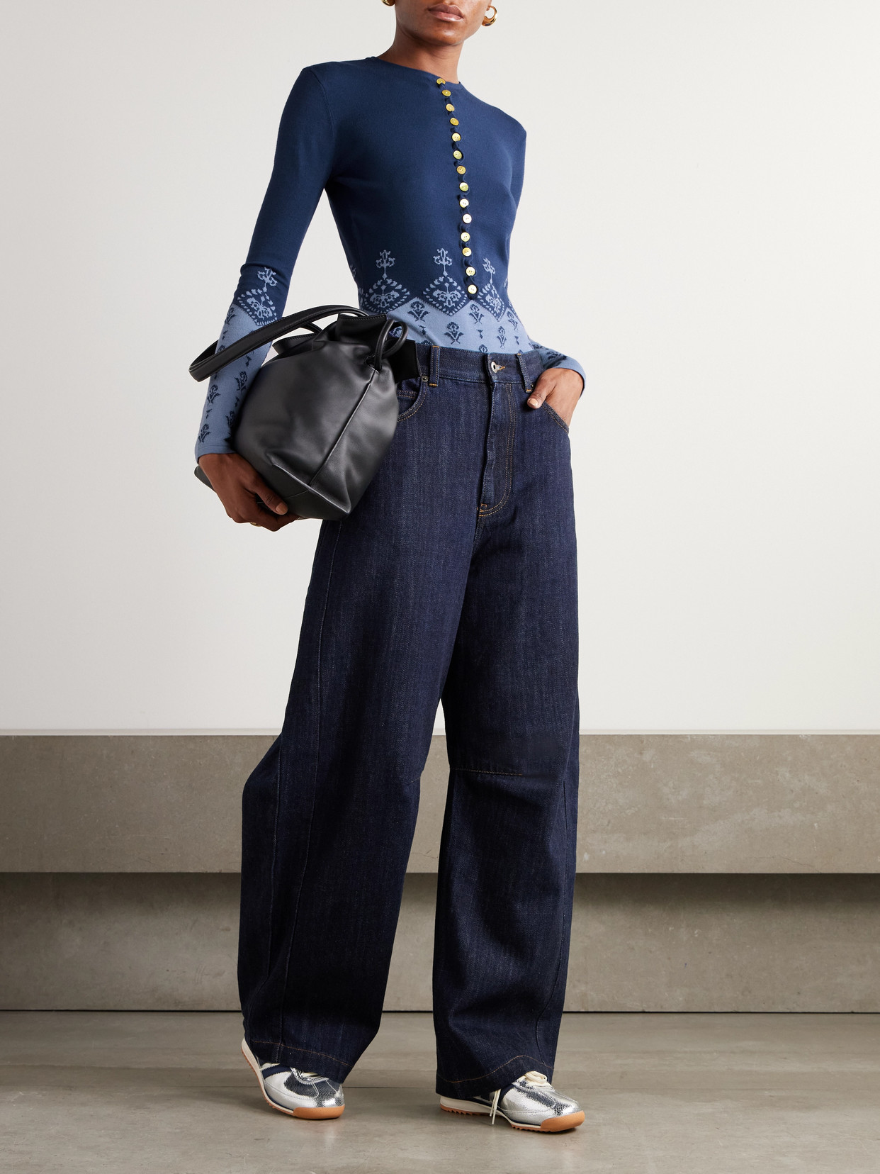 Conner Ives Ruffled Jacquard-knit Sweater In Blue