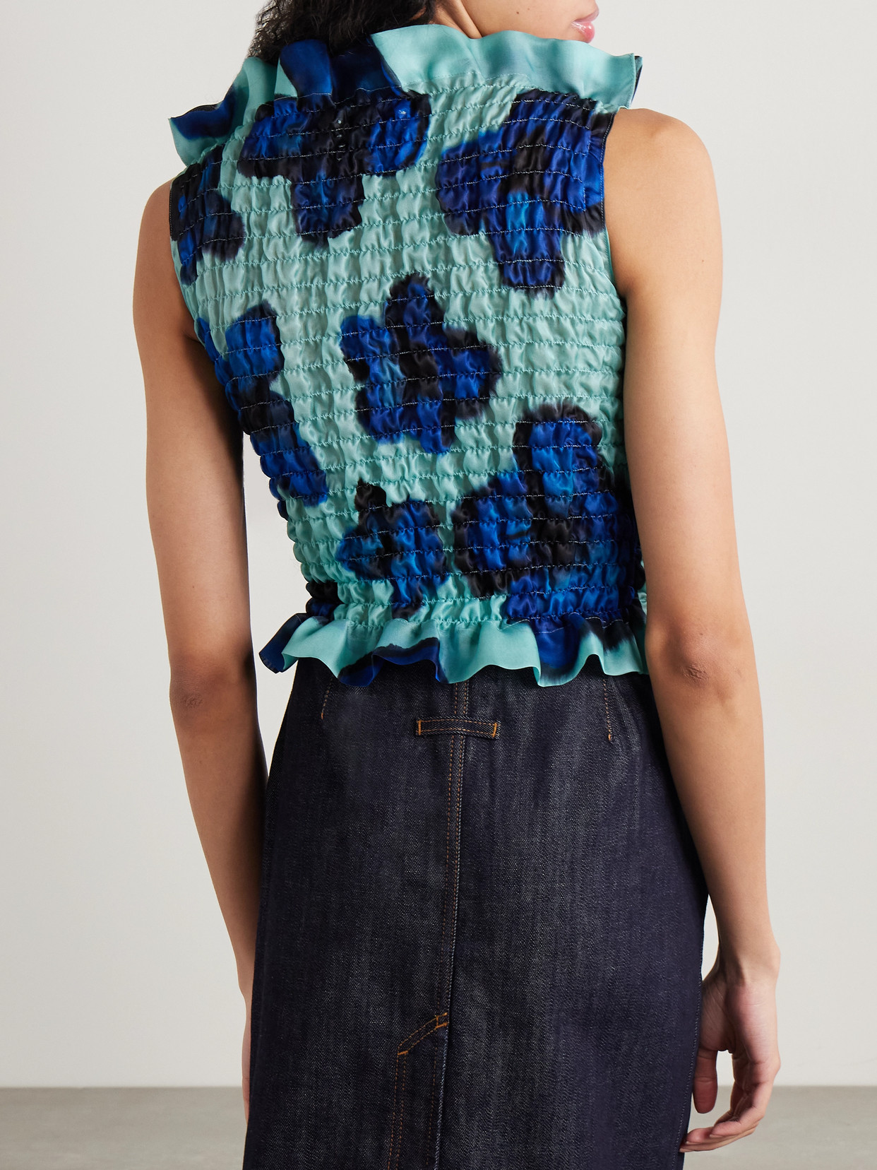 Conner Ives Ruffled Shirred Floral-print Silk-satin Top In Blue