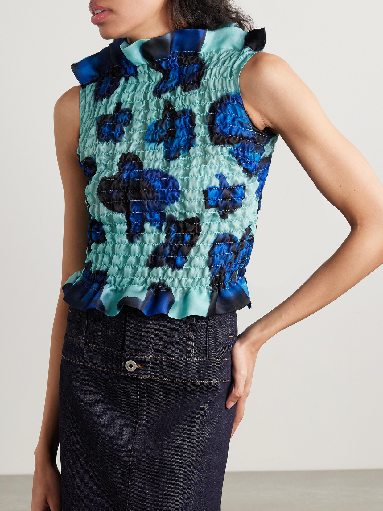 Conner Ives Ruffled Shirred Floral-print Silk-satin Top In Blue