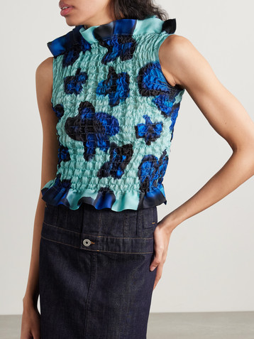 Conner Ives Ruffled shirred floral-print silk-satin top