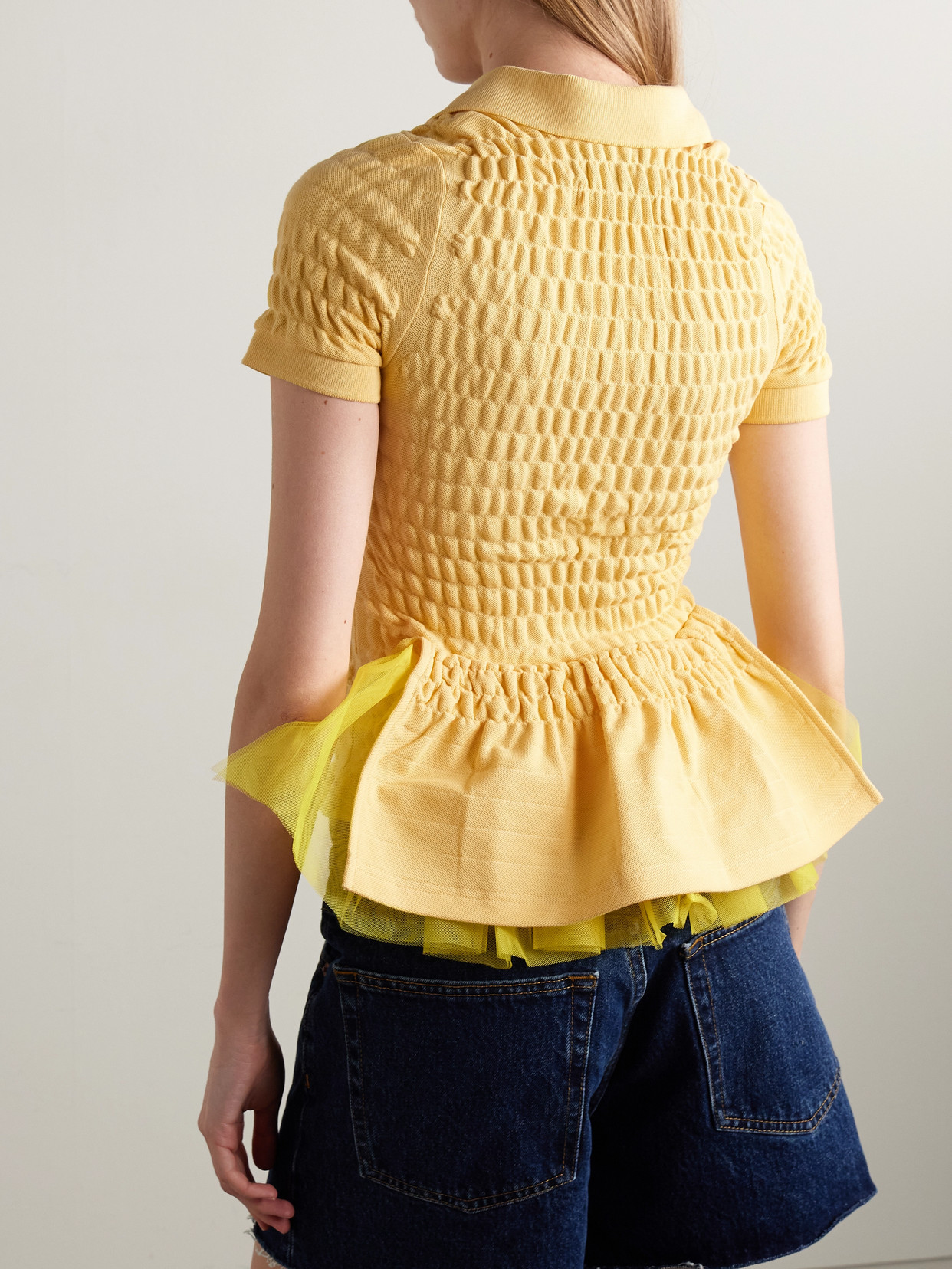 Tulle-Trimmed Shirred Organic Cotton-Piqué Shirt