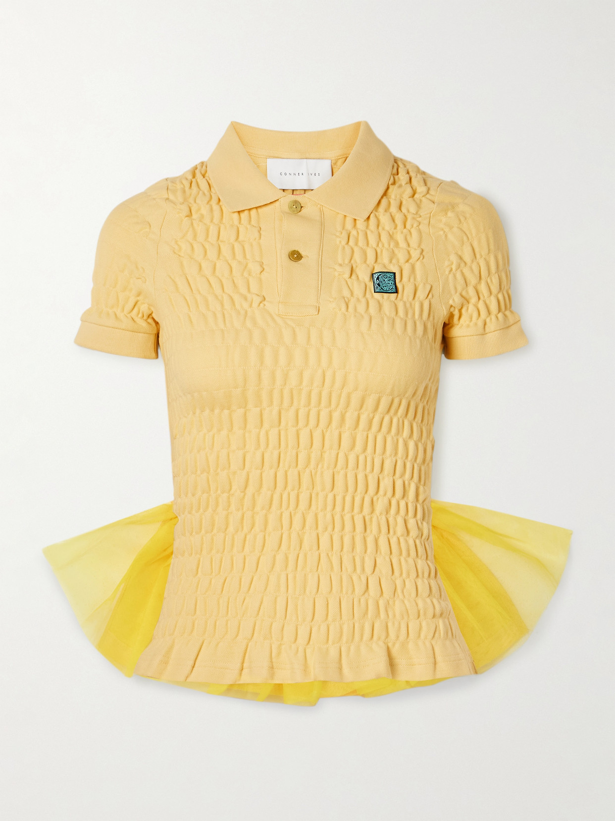 Conner Ives Tulle-trimmed Shirred Organic Cotton-piqué Shirt