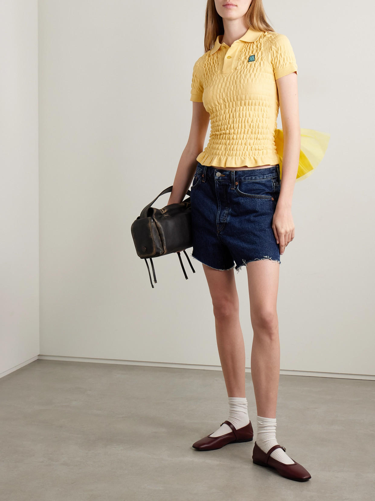 Tulle-Trimmed Shirred Organic Cotton-Piqué Shirt