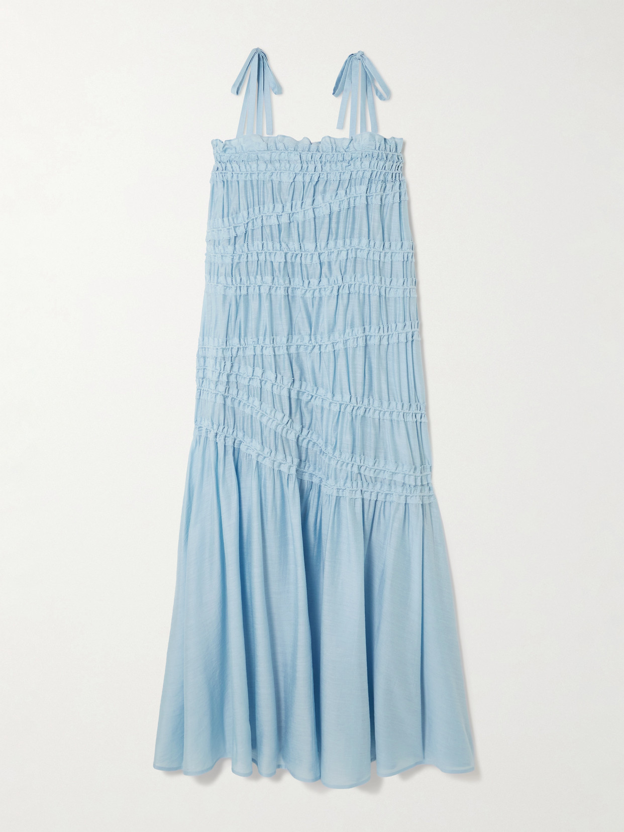 TORY BURCH TIE-DETAILED SMOCKED LYOCELL-BLEND MIDI DRESS