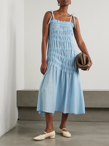Tory Burch Tie-detailed smocked Lyocell-blend midi dress