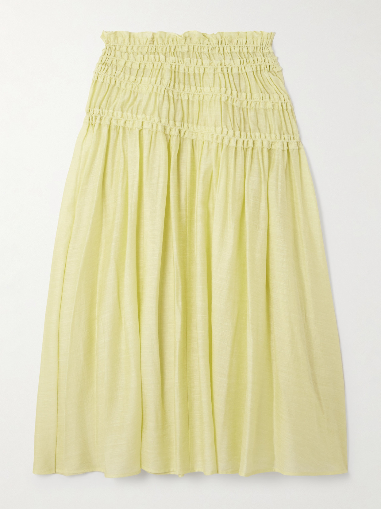 Tory Burch Shirred Frayed Lyocell-blend Midi Skirt In Yellow