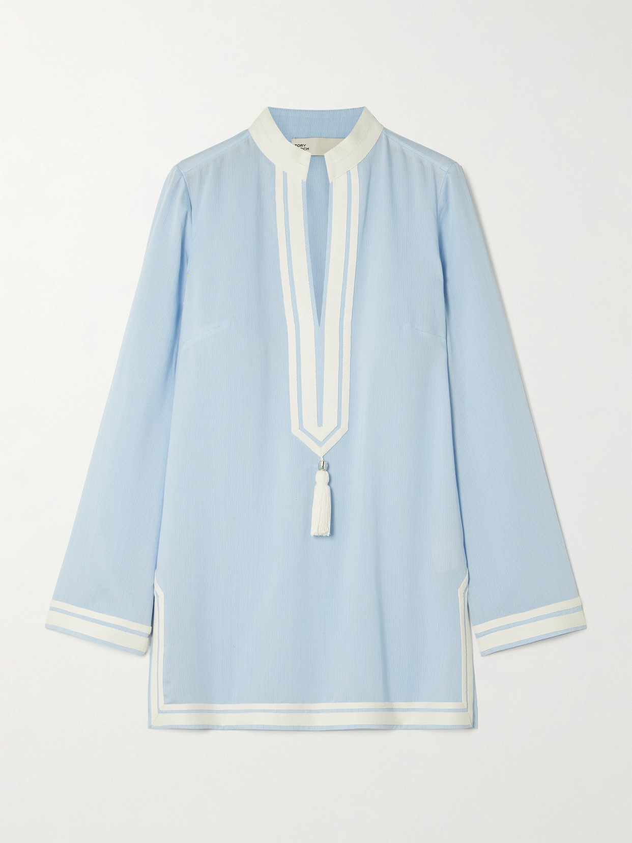 Tory Burch Tasseled Webbing-trimmed Crepe Tunic In Blue